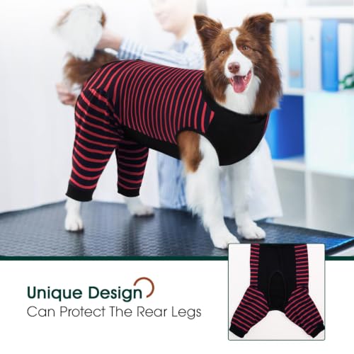 Kuoser Dog Recovery Suit with Anti Licking Rear Leg Sleeve, Red L - color: Red Strips, size: Large (Back Length: 40cm / 15.74")