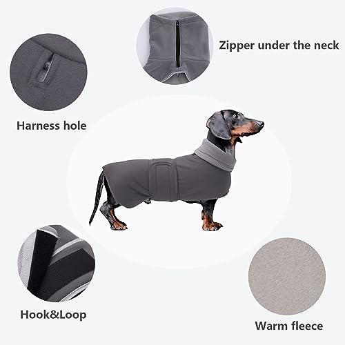 Dachshund Coats Sausage Dog Fleece Coat in Winter Miniature Dachshund Clothes with Hook and Loop Closure and high vis Reflective Trim Safety - Gray - S - color: Gray, size: Small(Back: 14"-15"in)