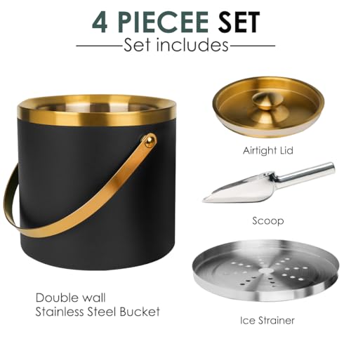 3L Insulated Stainless Steel Ice Bucket for parties with lid & scoop - color: Black