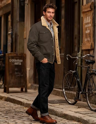 KEFITEVD Men's Winter Fleece Jacket Sherpa Lined Warm Cargo Trucker Coat - color: Coffee, size: Medium