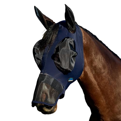 WeatherBeeta ComFiTec Luxe Stretch Fly Mask with Ears & Nose, Navy/Black, Large - color: Navy/Black, size: L