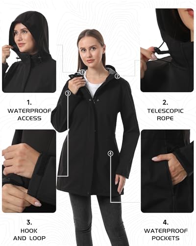 iCreek Women's Waterproof Softshell Rain Jacket Fleece Lined Hood Long Coat - color: Black, size: 4X-Large