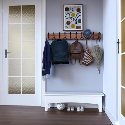 SKOLOO Rustic Coat Rack Wall Mount, 10 Hooks, 38.6'' Long, Solid Wood,Brown - color: Brown Plate & Black Hook, size: 1 Item-10 Hooks