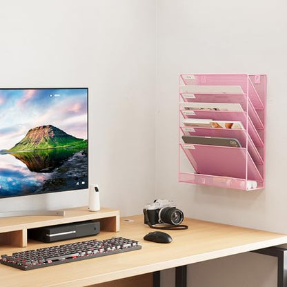 EasyPAG 5 Tier Wall File Holder, Mesh Hanging Folder Organizer with Classify Label, Versatile Desk File Holder, Vertical Wall Mounted Mail Organizer for Office Home Cubicle, Pink - color: Pink