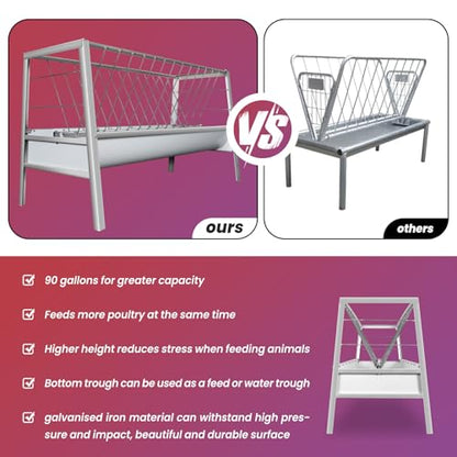 Livestock Grain & Hay Feeder for Goats, 90 Gallon Large Capacity Pasture Hay Feeder with Deeper 23.6 Inch Wide Grain Trough, 59-Inch Long Stainless Steel Goat Hay Feeder for Goats, Sheep, Horse