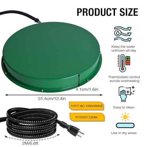Chicken Water Heater for Winter 12.4", 125W Thermostat, 2PACK | 6.6Ft Power Cord, Chicken Drinker Heater Base for Max 5 Gal Metal & Plastic Poultry Waterer