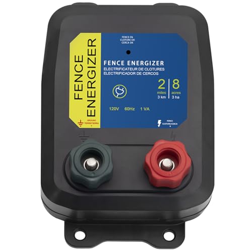 Electric Fence Energizer, 2-Mile/ 8 Acres Plug in Electric Fence Charger, Livestock Fence Charger for Dogs, Raccoons, Livestock, Squirrels, Chicken Coops, Skunks intruding, 0.1 Joule - color: Black