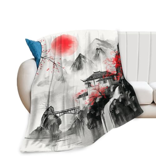 Japanese Throw Blanket Anime Cherry Blossom Gifts for Girls Women Men Boys Plush Cozy Flannel Fleece Fuzzy Landscape Blankets 50"X40" - color: Black Red, size: 50"x40"