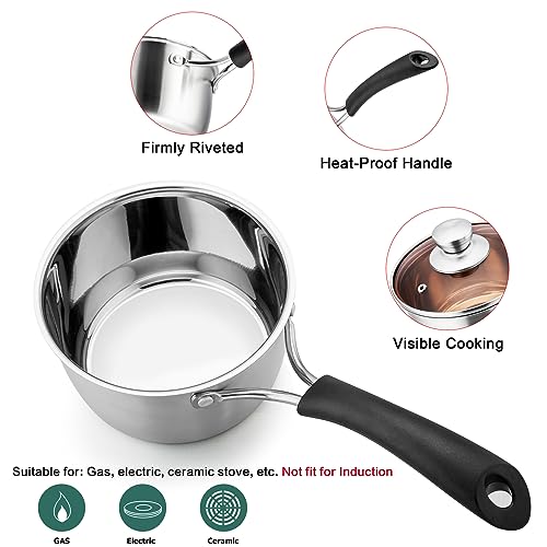 TeamFar 1qt & 2qt Saucepan with Lid, Stainless Steel Small Cooking Pot | Milk Sauce Pan with Long Handle for Home Kitchen, Non-Toxic & Heavy-Duty, Multi-use & Dishwasher Safe - size: 1QT+2QT