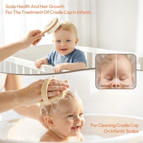 Baby Brush and Comb Set, 4 Piece Wooden Soft Bristle Hairbrush for Newborns | Baby Brush for Cradle Cap, Essentials Care Kit, Baby Shower Gift for Boys & Girls
