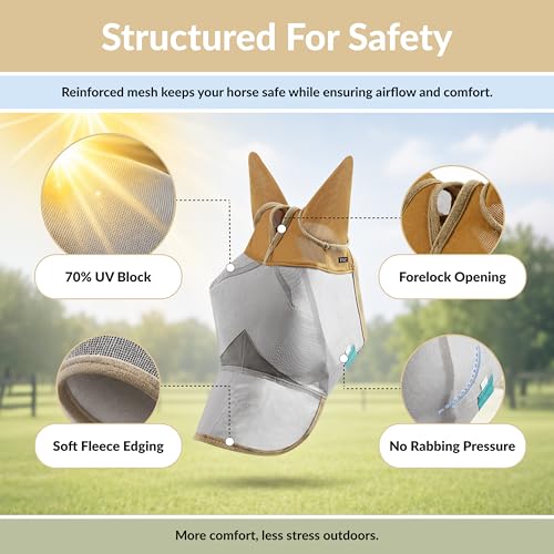 TSZ Horse Fly Mask with Ears and Nose Cover UV Block 70% Breathable Mesh - size: Horse