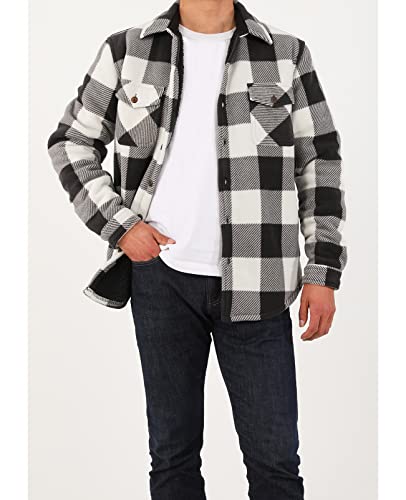 ZENTHACE Men's Warm Sherpa Lined Plaid Shirt Jacket - color: Buffalo Plaid Black and White, size: Small