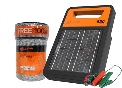 Gallagher S30 Solar Electric Fence Charger with 1,640 Ft Poly Wire | Complete Electric Fencing Kit for Livestock, Small Pastures, and Predator Control | Solar Powered Energizer with Bonus Polywire Rol
