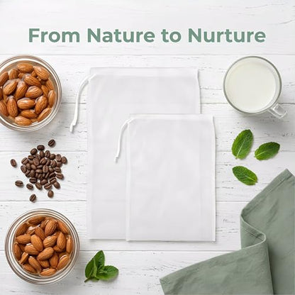 200 MESH Nut Milk Bag, 2 Sizes (6"x8" & 8"x12"), Reusable Food Grade Nylon Fine Mesh Strainer Bags with Drawstring for Juice, Soy Milk, Cold Brew Coffee, Tea
