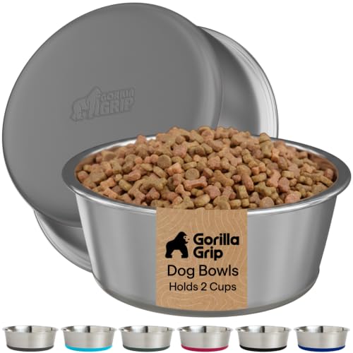 GORILLA GRIP Dog Bowls, Food Grade Stainless Steel, Set of 2, 2 Cup, Gray | 304 Stainless Steel Pet Feeding Bowls Hold 16 fl oz Each, Dishwasher Safe, Rust Resistant, BPA Free Rubber Base - color: Gray, size: 2 Cup (16 Oz)