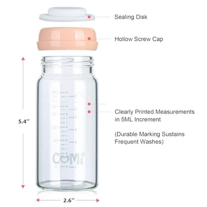 COMI Wide Neck Glass Breastmilk Collection n Storage Bottle, 8oz with Screw Ring Sealing Disk; Re-markable Sealing Disc. BPA Free, Fits Breast Pumps & Nipples (2 Pink Lids) - style: 240ml 2PINK