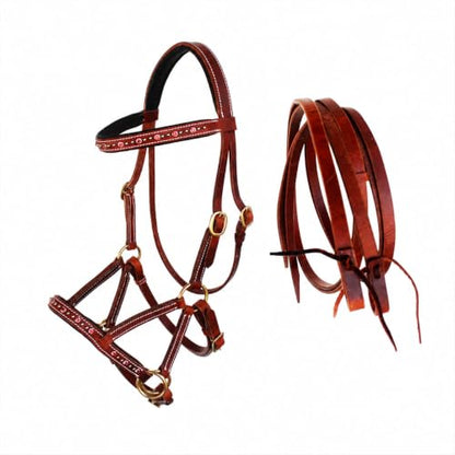 Horse Western Leather Beaded Bitless Sidepull Bridle Reins Rhinestone - color: Tan/Pink