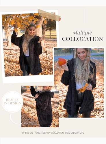 Dokotoo Womens 2025 Winter Long Sleeve Solid Fuzzy Fleece Open Front Hooded Cardigans Jacket Coats Outerwear with Pocket - color: A Black, size: Medium
