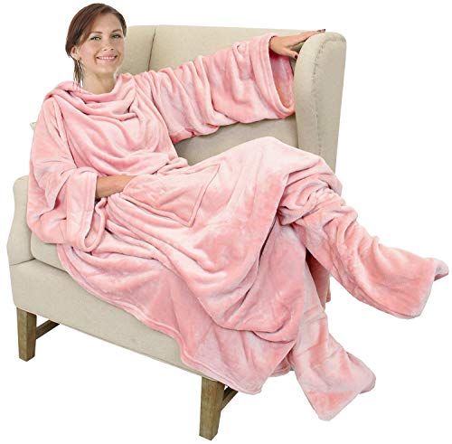 Catalonia Wearable Blanket with Sleeves & Foot Pocket for Adults - color: Pink, size: Fleece