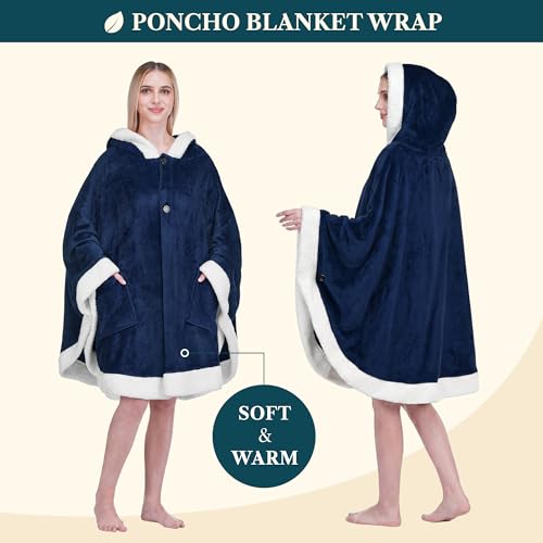 PAVILIA Hooded Blanket Poncho for Women, Fleece Wearable Shawl Wrap, Blue | Fleece Shawl Wrap with Hood, Adult Wearable Blanket, Cozy Warm Poncho Cape Throw with Pockets, Gift for Elderly Mom - color: Navy