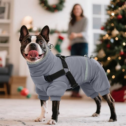 BRKURLEG Grey Dog Winter Coat, Cozy Winter Dog Jackets, Small Dogs Coat with Harness, Onesie Body Warm Puppy Jacket, Pet Reflective Windproof Cold Weather Jackets, Puppy Four-Legged Puffer Coats, S - color: Grey, size: Small