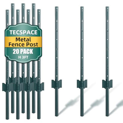TECSPACE Metal Fence Post, 3 ft Heavy Duty U-Post with Anchor Plate and Adjustable Tabs, Rust-Proof Steel Stakes for Garden, Farm, Lawn, 20 Pack (3 FT 20PCS) - size: 3 FT 20PCS