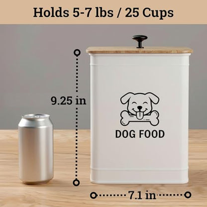 Metal Dog Food Container 5-7lb, 25 Cup w/ Airtight Bamboo Lid, Metal Handle - color: White: Dog Face