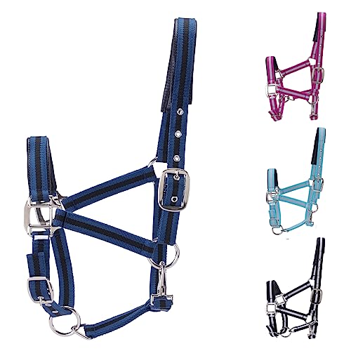 Adjustable Horse Halters - Heavy Duty Nylon Webbing & Hardware, Padded with Anti Chafing Foam-Cushioned on Crown & Nose - color: Dark Blue, size: Cob