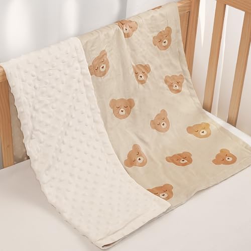 Bear Minky Baby Blanket 30 x 40 Inches for Boys Girls, Soft Plush Receiving Blanket with Dotted Back, Gift for Toddler Newborn Infant Christmas Birthday Baby Shower - color: Bear 1