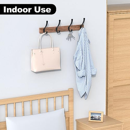 17 Inch Black Walnut Wood Wall Mounted Coat Rack with 4 Black Double Hooks, Adhesive Mounted Entryway Hooks, Modern Natural Wooden Pegs for Hanging Coat Clothes Hat Bag Purse Key and Towel - color: Coat Rack with 4 Double Hooks
