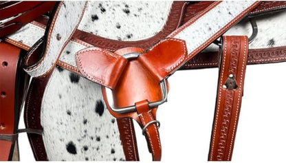 Western Barrel Saddle Set Brown Genuine Leather Hair On Cowhide Hand Tooled Horse Saddle with Headstall, Breast Collar & Reins for Trail Riding, Rodeo, Ranch & Pleasure, 8-17 Inch - size: 18 inch