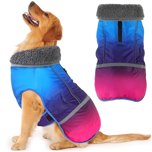Dogcheer Warm Dog Coat, Waterproof Dog Winter Jacket Christmas Puppy Cold Weather Coats with Buckle, Reflective Adjustable Pet Snow Jacket for Small Medium Large Dogs - Gradient Blue-red, S - color: Gradient Blue-red, size: Small