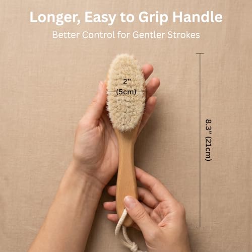 Wooden Baby Hair Brush with Natural Goat-Hair Bristles - Ultra Soft Baby Brush for Newborns & Infants with a Cotton Travel Pouch - Helps with Cradle Cap Care - 21cm Easy Grip Beech Wood Handle - size: Pack of 2