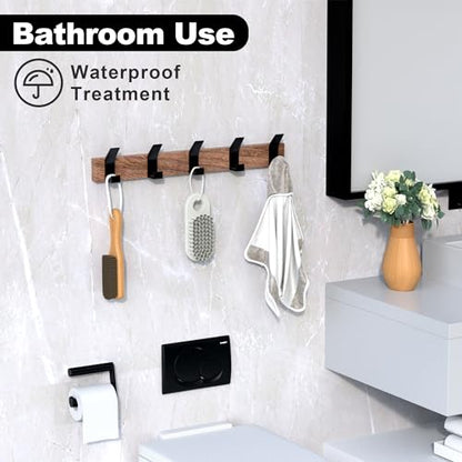 17 Inch Black Walnut Wood Wall Mounted Coat Rack with 4 Black L Hooks, Adhesive Mounted Entryway Hooks, Modern Natural Wooden Pegs for Hanging Coat Clothes Hat Bag Purse Key and Towel - color: Coat Rack with 5 L Hooks