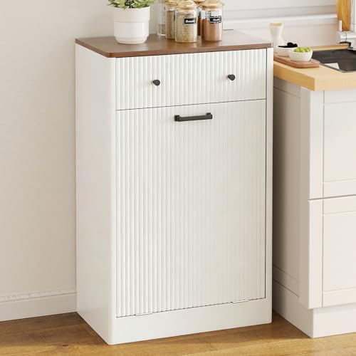 10 Gallon Tilt Out Trash Can Cabinet with Drawer, Hidden Trash Bin Storage & Laundry Hamper Cabinet, Pet Proof Trash Can Holder for Kitchen, Laundry Room & Bathroom, White - color: White
