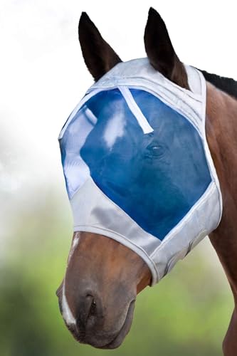 Harrison Howard CareMaster Horse Fly Mask Half Face with Ears Silver/Blue Retro M - color: Silver/Blue Retro, size: Cob (Medium)