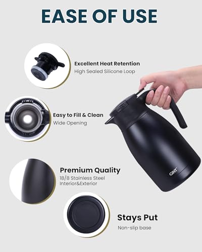 GiNT 51Oz Stainless Steel Thermal Coffee Carafe with Lid/Double Walled Vacuum Thermal Carafe / 12 Hour Heat Retention (Black, 1.5L) - color: Black, size: 50.7 Ounces