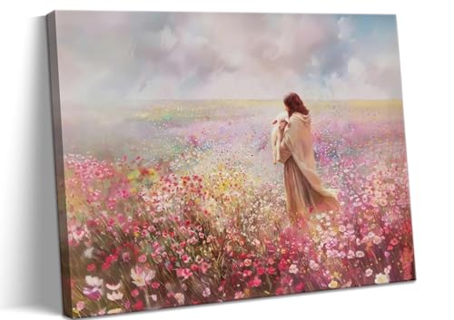 Jesus Embraces Lamb Canvas Wall Art, Pink The Lost Lamb Christian Wall Decor Paintings, Jesus Leaves the 99 Sheep Bible Stories Posters Prints for Church Living Room Bedroom 12x16 Inch Framed - color: Pink Jesus and Sheep, size: 16"L x 12"W
