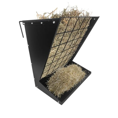Wall Mount Hay Feeder, 2 in 1 Hay & Grain Livestock Feeder - color: Black