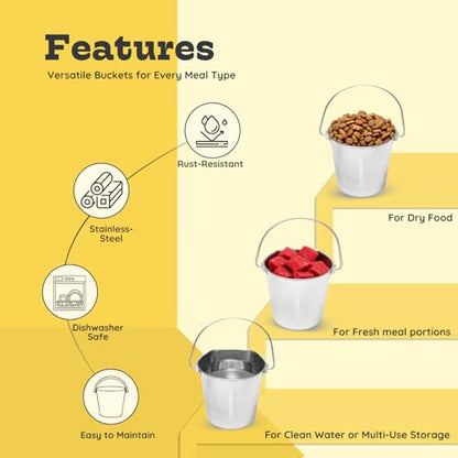 Flat Sided Stainless Steel Bucket 2 Quart Hanging Feeding Pail for Small Dogs Cats Birds, Fits Kennel Cages Compatible, Heavy Duty Food and Water Feeder, 0.5 Gallon Silver Buckets 2 Packs - size: 2 Quart (Pack of 2)