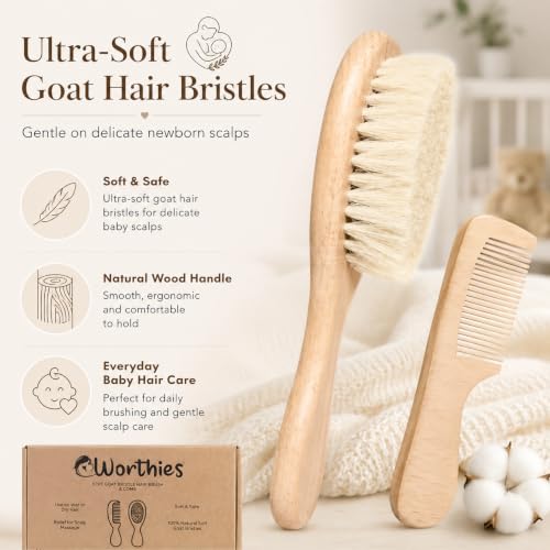 Baby Hair Brush and Comb Set for Newborn, Soft Goat Bristles
