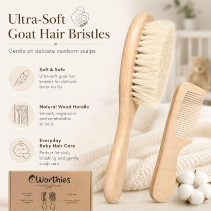 Baby Hair Brush and Comb Set for Newborn, Soft Goat Bristles