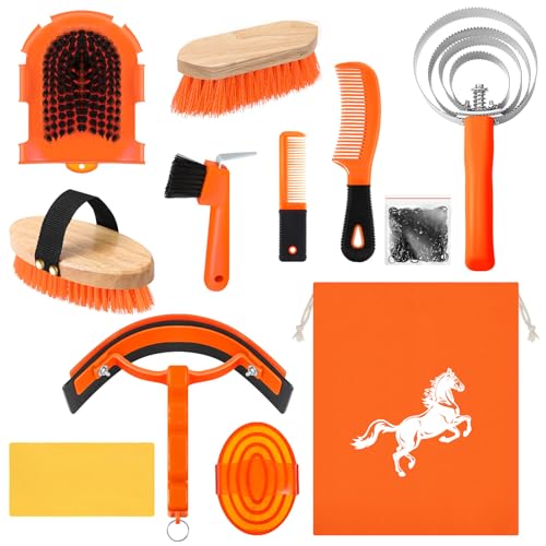 Abbylike 12 Pieces Horse Grooming Kit Equine Care Brushes, Orange - color: Orange