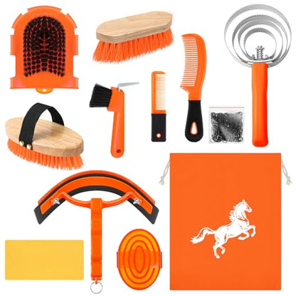 Abbylike 12 Pieces Horse Grooming Kit Equine Care Brushes, Orange - color: Orange