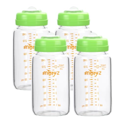 Matyz 유리 모유 보관 용기, 4팩, 226.8g(8온스) 병, Spectra Medela 필립스 펌프와 호환 - 냉동고 안전 병 세트 - 누출 방지 유리 유축기 병 - BPA 없음 (그린 뚜껑) - color: [4개 팩] 녹색 뚜껑 - 226.8g(8온스) 붕규산 유리 병