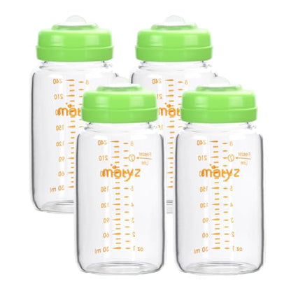 Matyz 유리 모유 보관 용기, 4팩, 226.8g(8온스) 병, Spectra Medela 필립스 펌프와 호환 - 냉동고 안전 병 세트 - 누출 방지 유리 유축기 병 - BPA 없음 (그린 뚜껑) - color: [4개 팩] 녹색 뚜껑 - 226.8g(8온스) 붕규산 유리 병