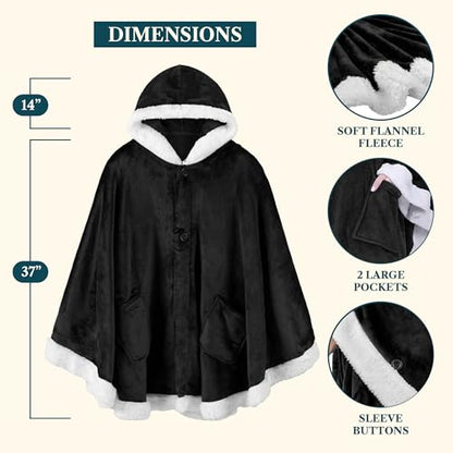 PAVILIA Hooded Blanket Poncho for Women, Fleece Wearable Shawl Wrap, Black | Fleece Shawl Wrap with Hood, Adult Wearable Blanket, Cozy Warm Poncho Cape Throw with Pockets, Gift for Elderly Mom - color: Black