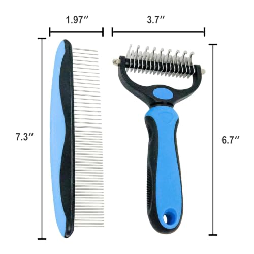 Pet Grooming Rake for Dogs & Cats - Double-Sided Deshedding and Dematting Tool, Gently Remove 95% of Loose Undercoat & Mats for Long-Haired Pets, Painless Fur Brush for Shedding Control (Blue+Comb) - color: Blue+Comb