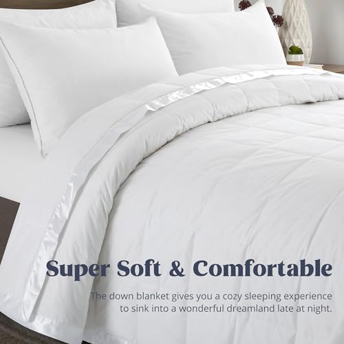 puredown® Blankets Queen Size - Soft Lightweight Down Blanket for Bed, Cozy Warm Luxury Bed Blanket with Satin Trim, White (90"X90") - color: 01 White, size: Full/Queen
