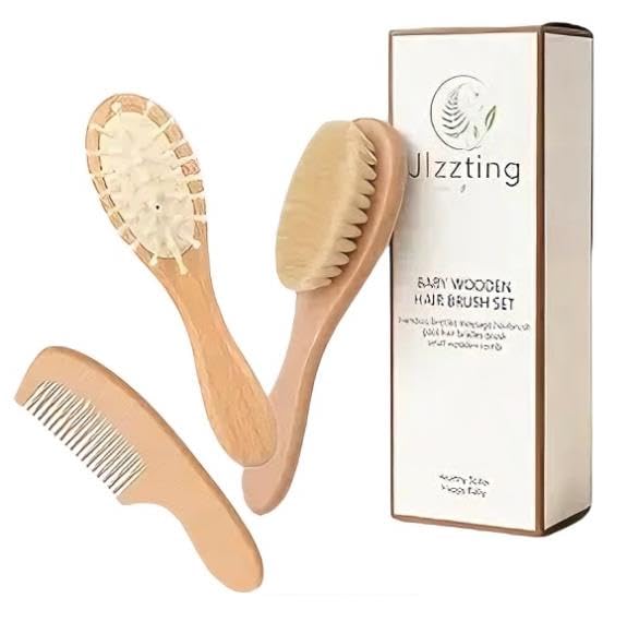 Baby Hair Brush and Comb Set, Natural Wood Scalp Massage Brush,Soft Goat Bristle Brush & Wooden Comb for Newborns, Toddlers, Boys & Girls for Cradle Cap (3 PC set(Oval))